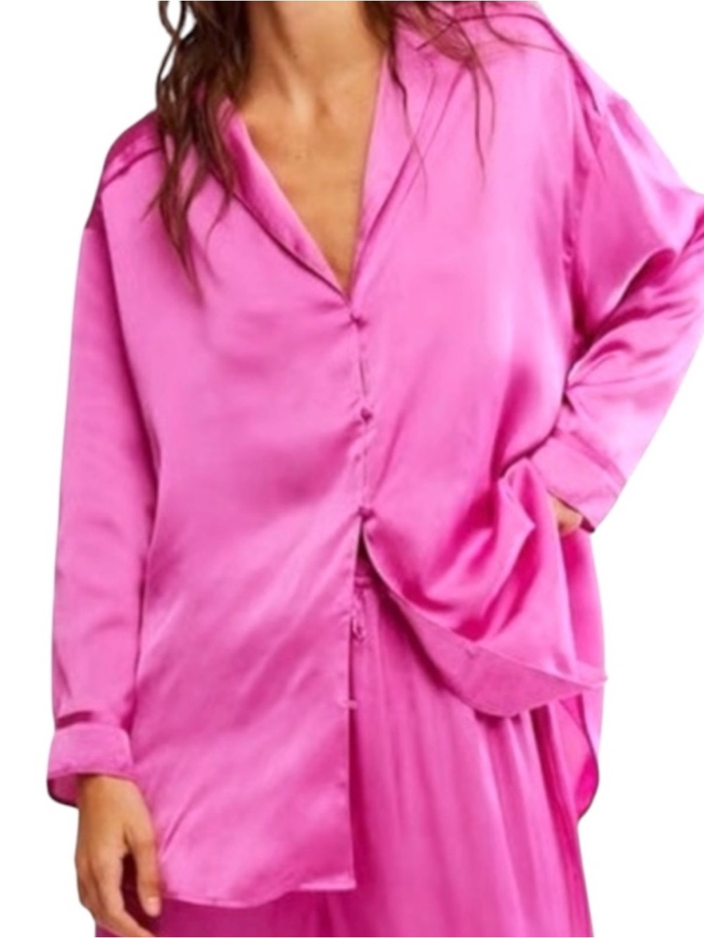 Free People Intimately Dreamy Days Hot Pink Satin Pajama Top NWT M